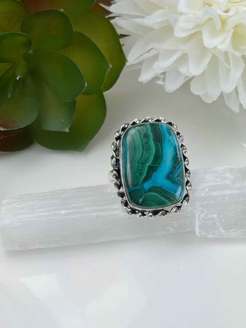 Chunky Malachite Chrysocolla Ring Size 7 1/4 7.25 Vintage Boho Southwest Style - Picture 4 of 7